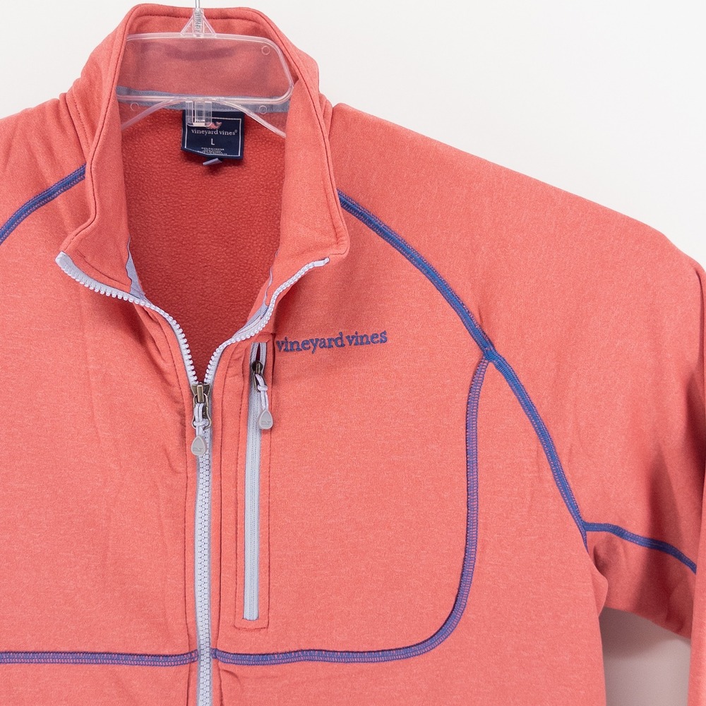 Vineyard Vines Mens L Fleece Jacket Coral Pink Blue Trim Full Zip‎ 100144 Preppy